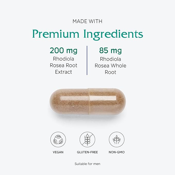 Vitanica Rhodiola Rosea Root Extract 200mg, Dr. Formulated, 3% Rosavins & 1% Salidroside, Rhodiola Root 85mg, Vegan, 60 Capsules