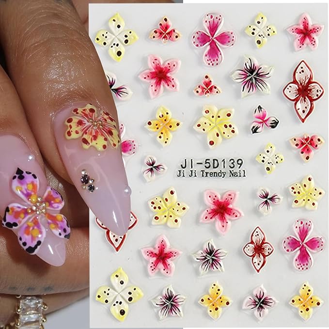 Flower Nail Art Stickers, 4PCS 5D Embossed Sticker for Nail Art, Spring Floral Nails Design 5D Relief Decals Hibiscus Flowers Nail Adhesive Sticker Slider Charm Decor DIY Manicure Accessories Supplies