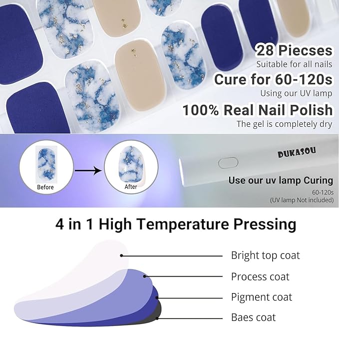 Semi Cured Gel Nail Strips (Dark Blue), 28 pcs Gel Nail Stickers, Work with Any UV Lights, Long-Lasting NailWraps for Women Art DIY, Salon-Quality, Easy to Apply & Remove