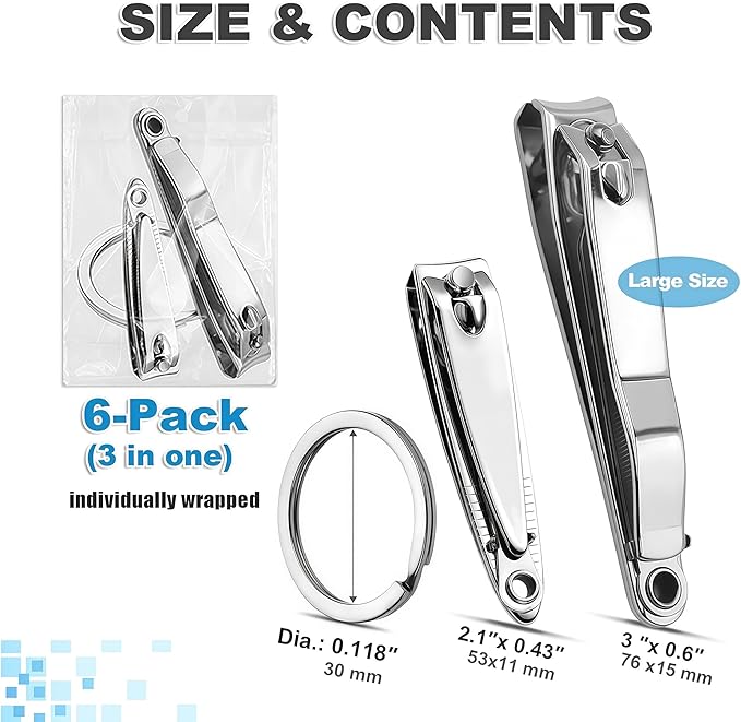 12-Piece Nail Clippers Set with File, 3 Inch & 2.1 Inch Toenail & Fingernail Clippers Bulk, Large Stainless Steel Nail Cutter Gifts for Men Women Seniors Adults(Silver)