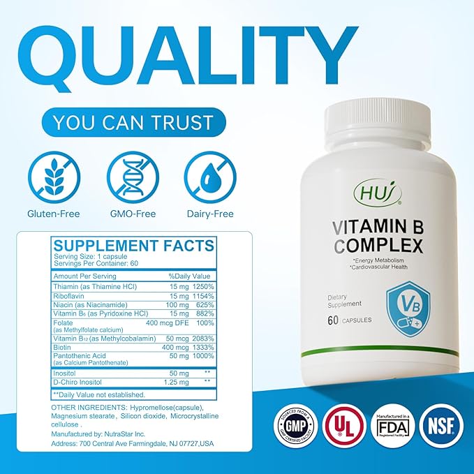 HUJ Vitamin B Complex - B Vitamins Supplement to Support Energy Metabolism, Cardiovascular Health - 60 Capsules