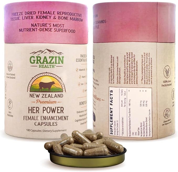 Her Power Female Enhancement Capsules 2900mg Per Serving (180 Count) | Freeze-Dried Female Reproductive Tissue, Liver, Kidney & Bone Marrow | 100% Grass-Fed New Zealand Sourced