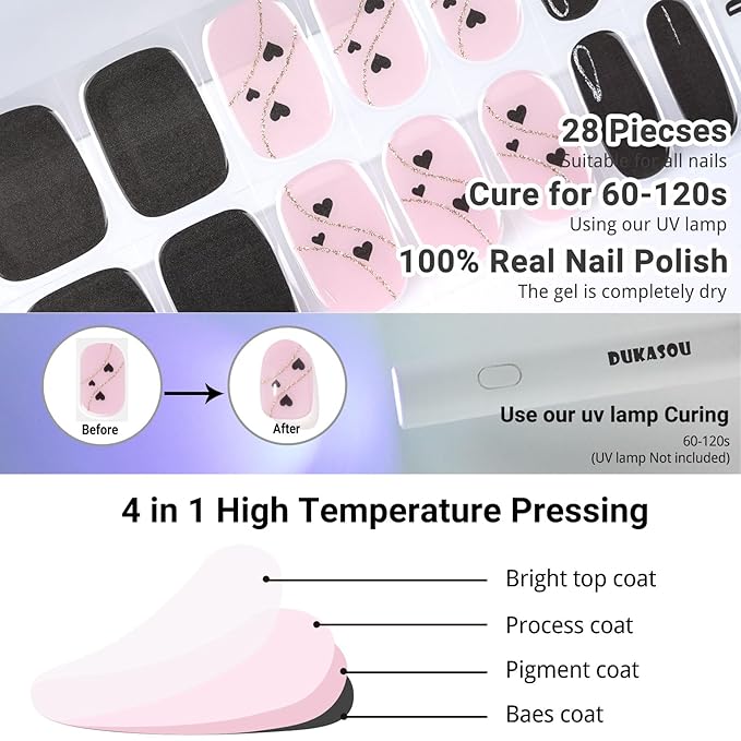 Semi Cured Gel Nail Strips, Black Heart | 28 pcs Gel Nail Strips Work with Any UV Lamp, Salon Quality UV Nails Stickers, Easy to Apply for Home Nails DIY