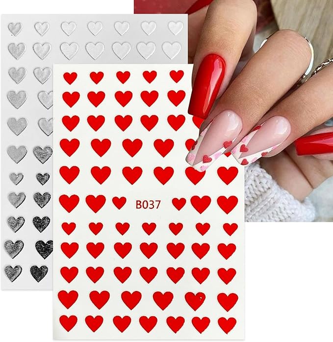 Heart Love Nail Art Stickers Glitter Shiny Love Nail Decals 3D Self-Adhesive Valentine Nail Supplies Glitter Red White Silver Black Heart Nail Design for Acrylic Nail Decorations 10 Sheets