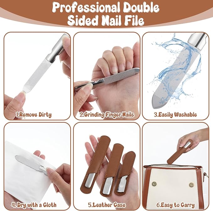 Stainless Steel Nail Files with Leather Case, 3 Sizes Files Set Double Sided Anti-Slip Handle Metal Nail Buffer Pointed Tip Manicure Tool Professional Curved Rasp Natural Fingernail Home Salon