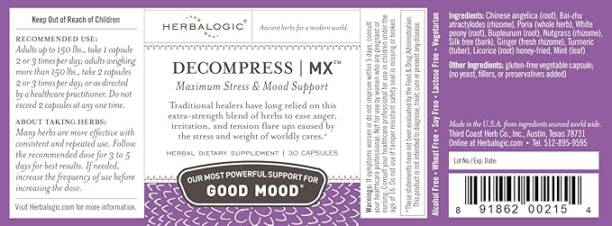 Decompress MX Herb Capsules - Maximum Stress & Tension Relief - Reduces Anger & Moodiness, Positive Mood Support - Based on The Traditional Chinese Formula Xiao Yao San - 30 Cap Count