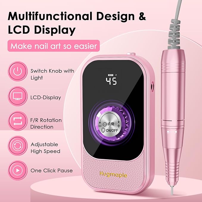 Professional Electric Nail Drill File, HUGMAPLE 45000RPM Portable E-File Machine with Bits & Base, Rechargeable Cordless Nail Drill Kit for Shaping, Removing & Polishing Gel Nails for Salon Home