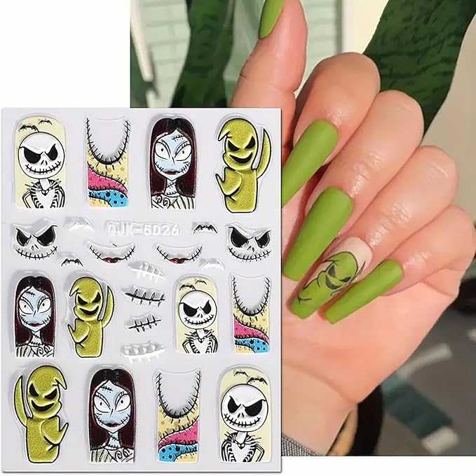 6 Sheets Halloween Nail Art Stickers Decals Pink Skull Spider Web Sugar Skull Nail Decoration 3D Self-Adhesive Nightmare Christmas Stickers for Women Girls