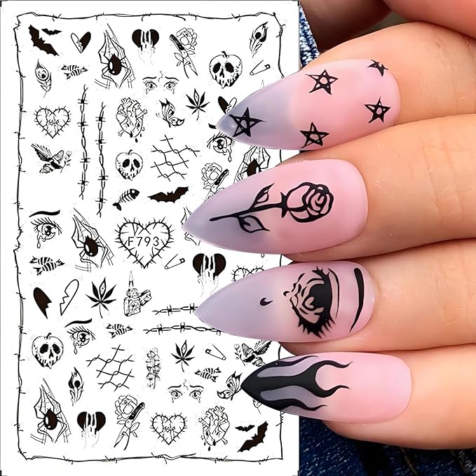 Halloween Nail Art Stickers, Cute Cat Nail Decals 3D Self-Adhesive with Spider Bat Pumpkin Flower Skull Spider Web Design 6Pcs Halloween Nail Art Supplies for Women Nail Decoration
