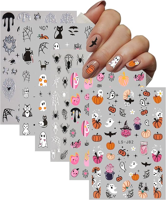 12 Sheets Halloween Nail Stickers - Pumpkin Nail Decals - Specter Cat Spider Web Bat Nail Decals for Nail Art Halloween - Spooky Nail Sticker Cosplay Party Supplies