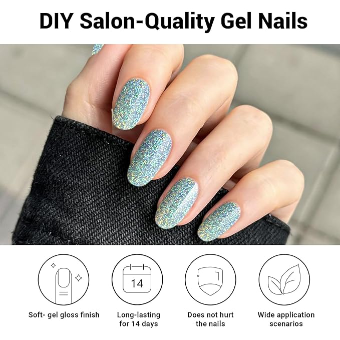 Semi Cured Gel Nail Strips, Silver Glitter | 28pcs Gel Nail Strips Work with Any uv lamp,Gel Nail Stickers for Women Girls, Includes Prep Pads, Nail File & Wood Stick