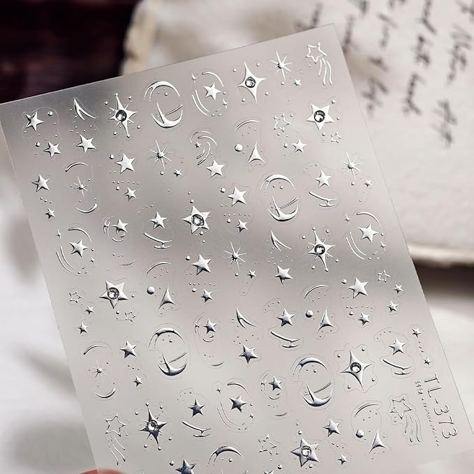 1Sheet Moon Star Nail Art Stickers 5D Embossed Silver Nail Stickers Luxury Star Moon Sticker for Nails Designs Diamond Star Nail Decals Y2K Nails Supplies Manicure Accessories for Women