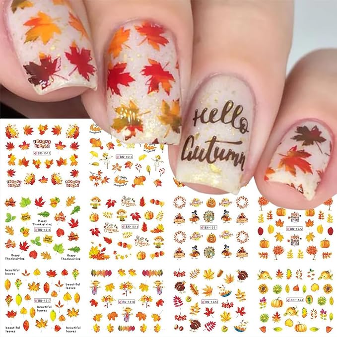 12 Sheets Fall Maple Leaf Nail Art Stickers Autumn Water Transfer Nail Decals Thanksgiving Day Nail Art Supplies Turkey Pumpkin Leaves Scarecrow Nail Design Slider Stickers for Women Nail Decorations