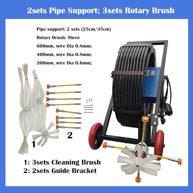 110V Air Duct Cleaning Machine Pipeline Cleaning Machine 0~1000r/min Brush Speed 3 Rotary Brush Flexible Shaft Dust Collector for Dia 80-800mm Industrial/Workshop/Air Conditioning Pipe