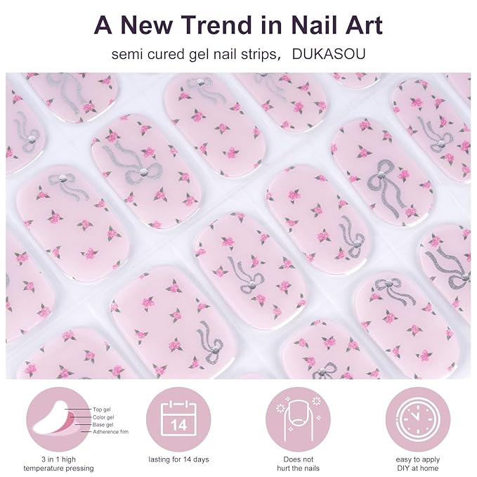 Semi Cured Gel Nail Strips,28 PCS Gel Nail Stickers |Wraps (Cute Bow),Long Lasting Stickers with UV Light Required,Easy to Apply