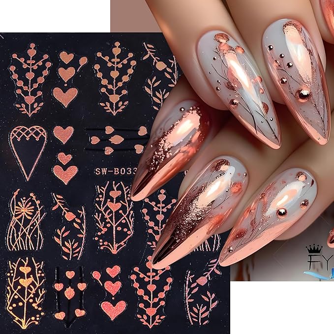 Fall Nail Art Stickers for Thanksgiving, Rose Gold Tree Nail Decals 3D Self-Adhesive with Leaves Heart Design 4Pcs Gold Leaves Tree Heart Nail Art Supplies for Women Nail Decoration