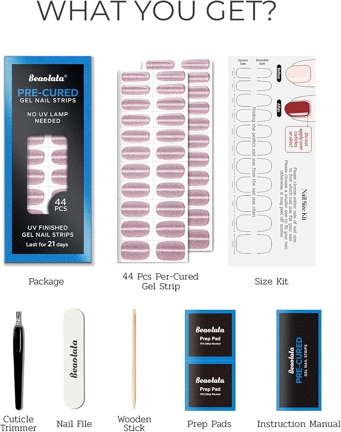 Pre Cured Gel Nail Strips - 44PCS Salon Quality Gel Nail Stickers - Long Lasting Polish Wraps for Women no UV Light Needed Easy Apply& Remove (Line Glitter Pink)