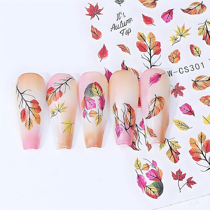 Fall Maple Leaves Nail Art Stickers for Thanksgiving, Fall Nail Art Decals 3D Self-Adhesive Leaf Flower Tree Nail Design 6Pcs Nail Art Supplies for Women Nail Decoration