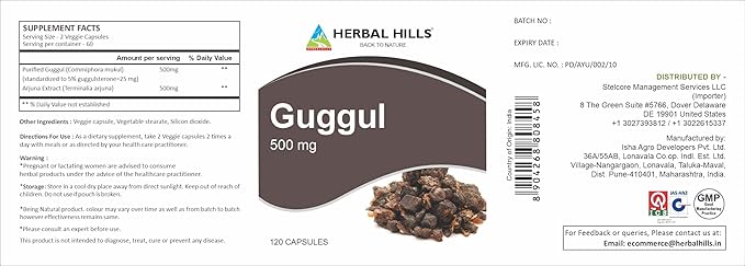 HERBAL HILLS Guggul Capsule with Arjuna Extract 1000mg 120 Count