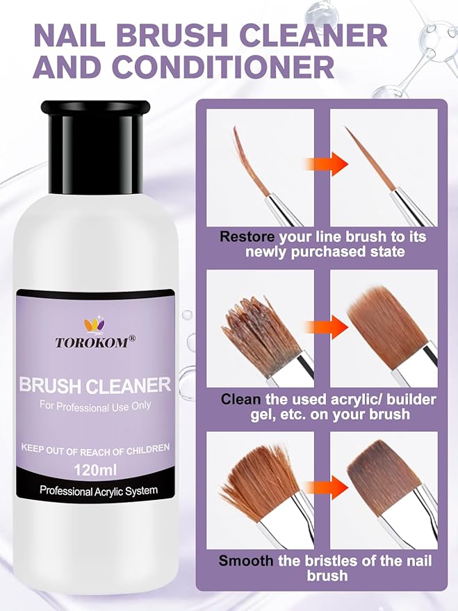 TOROKOM Acrylic Nail Brush Cleaner, 4 OZ Acrylic Brush Cleaner Nail Brush Cleaner Conditioner with Dappen Dish and Scrub Brush for Quickly Clean Gel Polish, Nail Extension Gel, Acrylic Nails Brush