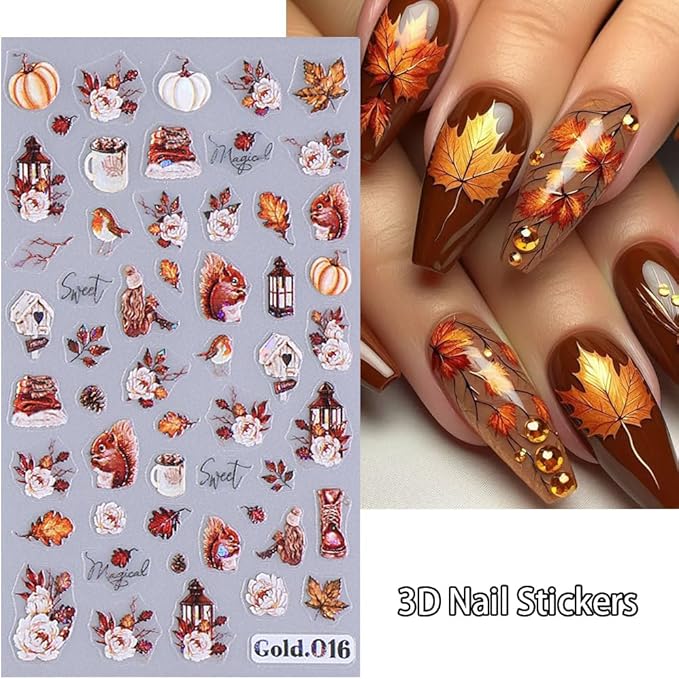 Fall Nail Stickers 3D Maple Leaves Nail Decals DIY Self Adhesive Tree Leaf Autumn Letter Nail Design Sticker Squirrel Animal Nail Decoration Supplies Holiday Manicure Accessories for Women Girls 4Pcs