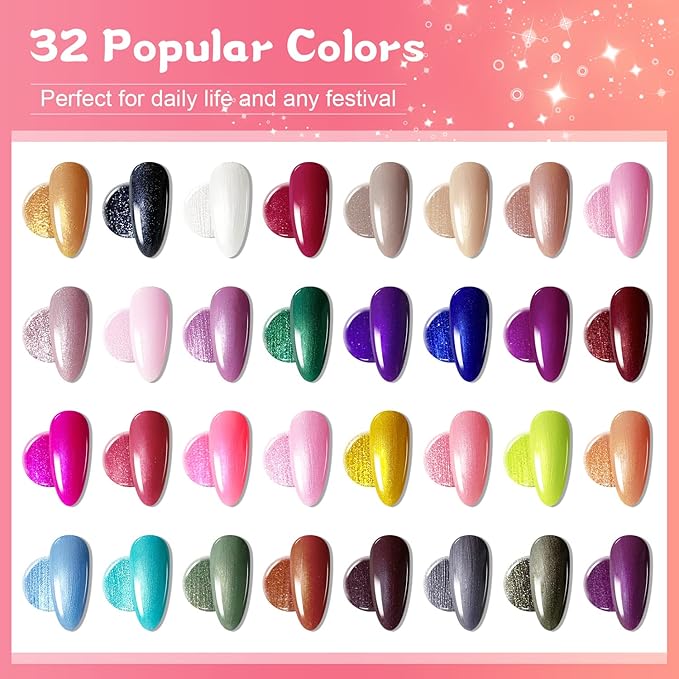 JODSONE Gel Nail Polish Starter Set Ribbon Glitter Summer Light Winter Dark Glossy 36-Piece Multi-color Gel Nail Polish Set