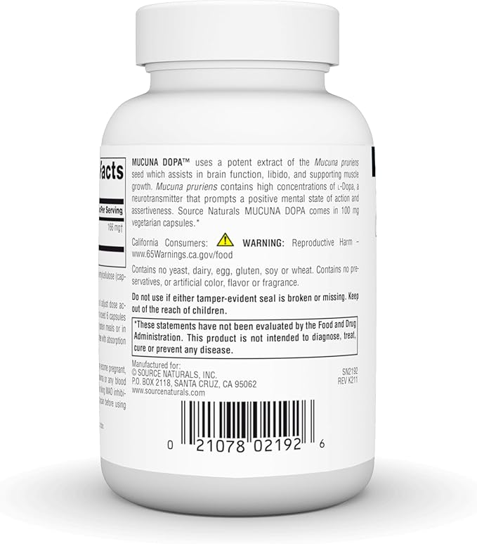 Source Naturals Mucuna Dopa, for Mood & Performance*, 100 mg - 120 Vegetarian Capsules