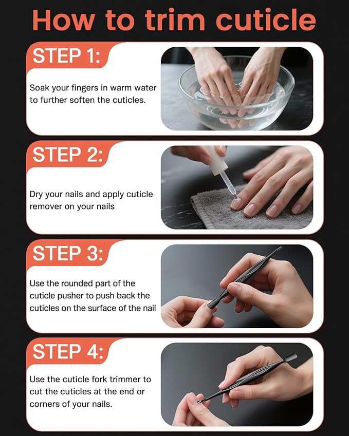 BEZOX Cuticle Trimmer - Elegant Precision Cuticles Pusher & Fork, Dual-Ended Stainless Steel Nail Cuticle Stick for Exquisite Manicures and Pedicures - Black