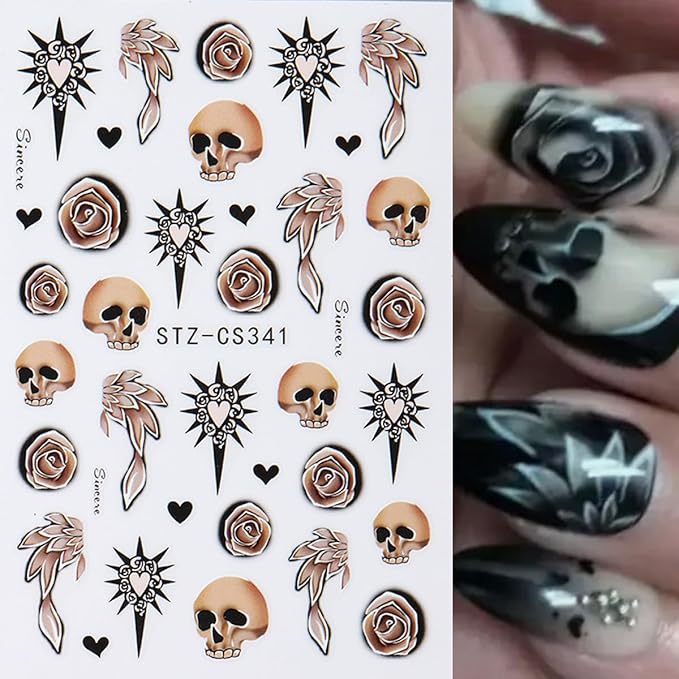 Halloween Nail Art Stickers Decals Mushroom Ghost Skull Nail Decals 6PCS 3D Ghosts Rose Skull Black Cat Pumpkin Spiders Halloween Design Nails Adhesive Sticker Supplies for Women DIY Manicure Nail Art