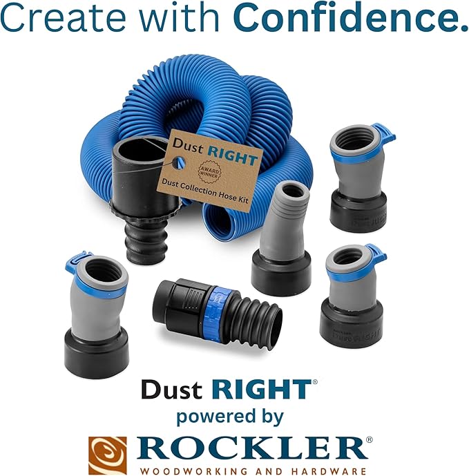Dust Right Flexiport Power Tool Hose Kit - 3 To 12' Expandable Hose & 4 FlexiPorts - Lightweight Dust Collectors for Woodworking Power Tools - Collector Hose for Shop Vacuums, Table Saw & More