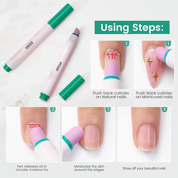 Ceramic Cuticle Oil Pusher Pen: 3-in-1 Nail Cuticle Buffer Pens for Hangnails, Dry & Damaged Nails, Moisturize Strengthen Brighten Nails Care