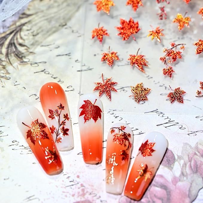 1 Sheet 5D Embossed Autumn Maple Leaves Nail Stickers for Nail Art Thanksgiving Day Nail Art Stickers Fall Nail Decals Red Glitter Maple Leaf Nails Design Nails Decoration DIY for Women Nail Supplies