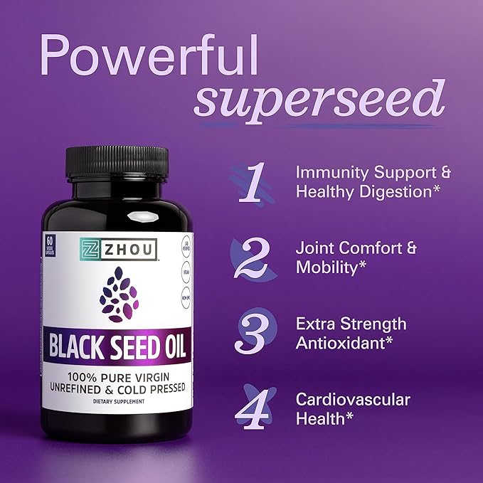 ZHOU Black Seed Oil Capsules - Black Cumin Seed Oil Cold Pressed, Nigella Sativa, Pure Unrefined Blackseed, Premium Supplement for Health, Hair & Skin w/Thymoquinone - 60 Capsules (Pack of 2)