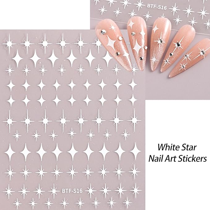 12 Sheets Star Nail Stickers Black White Nail Decals Gold Silvery Stars Design Nail Art Stickers 3D Self-Adhesive Manicure DIY for Women Acrylic Nails Supplies
