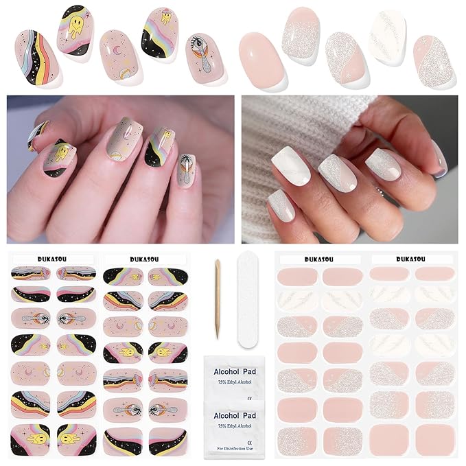Semi Cured Gel Nail Strips 2 Set, (Creamy Rose,Funny Nude) 56 Pcs Gel Nail Wraps,Stickers Works with Any UV/LED Lamps,Long Lasting,Salon-Quality, Easy to Apply
