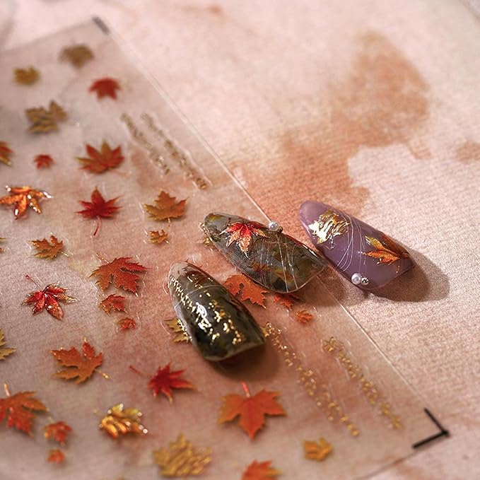 Fall Nail Art Stickers 5D Self-Adhesive Jelly Nail Decals Autumn Leaf Nail Stickers Maple Leaf Nail Art Supplies Cute Fallen Leaves Manicure Slider for Women Thanksgiving Day Acrylic Nails Decoration