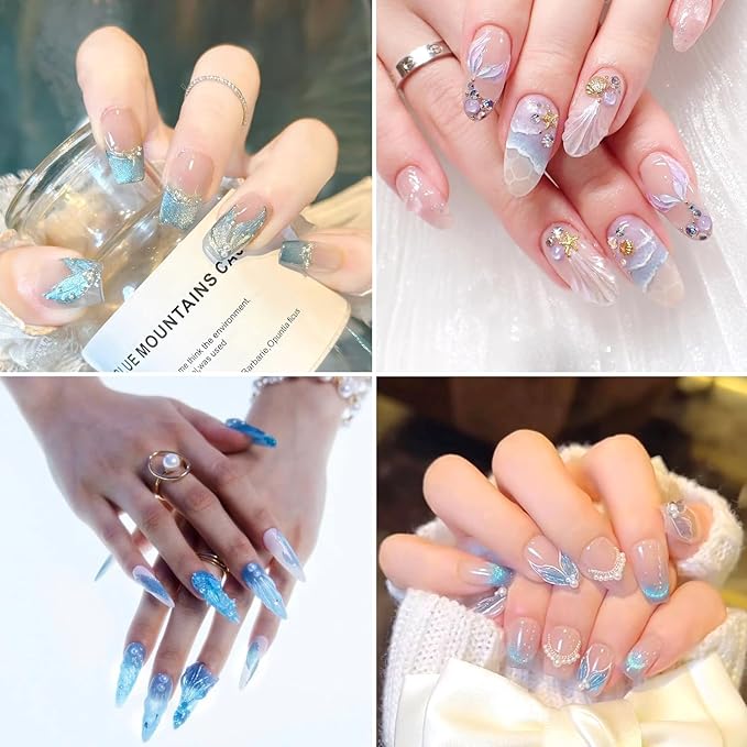 Colorful Mermaid Tail Nail Art Stickers 5D Embossed Ocean Fish Tail Nail Decals with Pearl Design Nail Sticker Self-Adhesive Seashell Starfish Nail Decal Summer Sea Nails Supply for Women Nails Decor