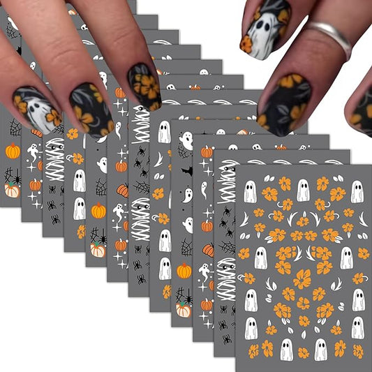 12 Sheets Halloween Nail Stickers Ghost Mummy Pumpkin Nail Decals Spider Bat Skull Designs Nail Decorations Halloween Cute DIY 3D Self-Adhesive Manicure Supplies for Women Girls