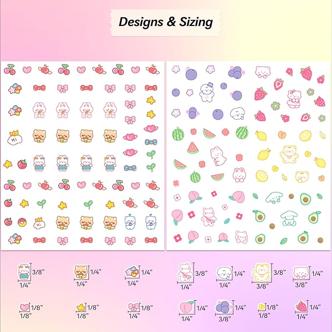 10 Sheets of 3D Nail Stickers - 719 Cute Nail Decals - Embossed Nail Stickers for Kids | Kawaii Theme - Butterfly, Flowers, Cats, Bunny, Stars, Fruits | Glow in The Dark