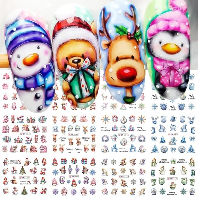 Christmas Nail Art Stickers Snowman Snowflake Water Transfer Nail Decals Xmas Winter Nail Art Decorations Cute Penguin Santa Claus Elk Gingerbread Man Gift Design Nail Foil Sticker for Women DIY Nails