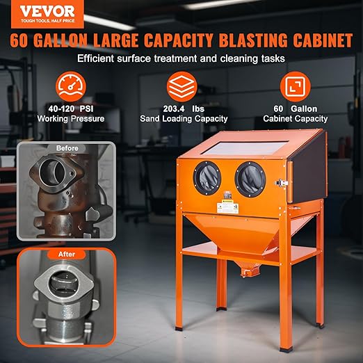 VEVOR 60 Gallon Sandblasting Cabinet, 40-120PSI Sand Blasting Cabinet with Stand, Heavy Duty Steel Sand Blaster with Blasting Gun & 4 Ceramic Nozzles for Paint, Stain, Rust Removal