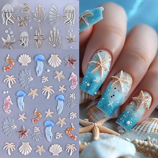2 Sheets Summer Nail Art Stickers Decals 5D Embossed Ocean Theme Nail Stickers Shells Jellyfish Starfish Design Summer Nails Adhesive Decals Manicure Supply for Women DIY Nail Decorations