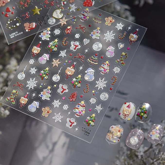 Christmas Nail Art Stickers Xmas Tree Snowman Self-Adhesive Xmas Nail Decals Nail Art Supplies 1PCS Shell Light Lantern Ball Star Gingerbread Man 5D Embossed Christmas Stickers for Nails Decoration