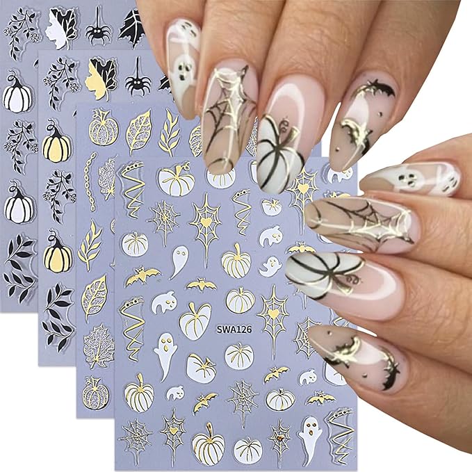 8 Sheets Fall Halloween Nail Stickers for Nail Art Pumpkins Nail Decals 3D Self-Adhesive Autumn Maple Leaf Cute Ghost Pattern Design Sticker Decoration for Women DIY Holiday Party Nails Supplies