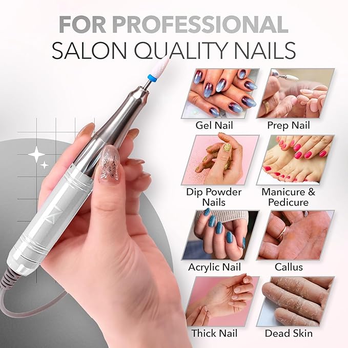 M Mase- Professional Nail Drill Machine - Coreless 2-in-1 Nail File - Electric, Cordless, 35000 RPM, HD Display - Electric Nail Drill for Professional & Home Use (Pink Gold)