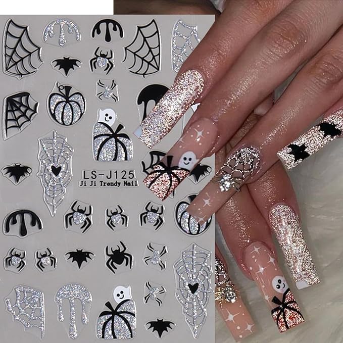 Spider Ghost Bat Spider Web Nail Art Stickers Decals 3D Self-Adhesive Glitter Halloween Nail Sticker Holiday Design Nail Decoration Supplies Charms for Women Acrylic DIY Nail Art Manicure 8 Sheets