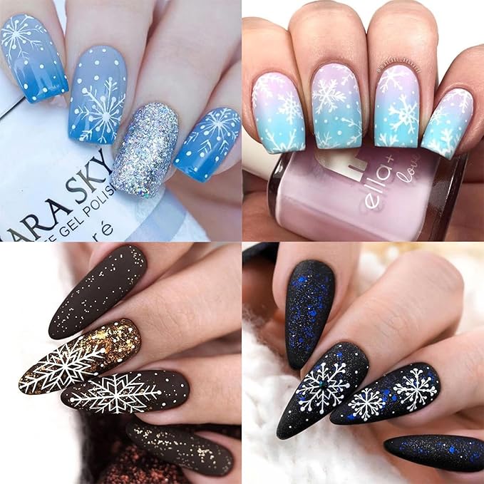 HNUIX Nail Stickers - 3D Snowflake, Self Adhesive Nail Decals, Multi Pattern, 8 Sheets, for Nail Art