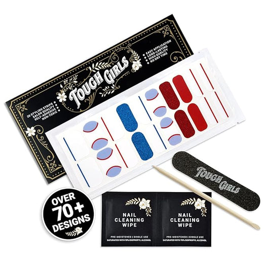 | Nail Polish Strips | 20 Stylish Strips | Brighter, Thicker, Tougher | Includes Cuticle Stick, Nail File, & Nail Wipes (Hockey Blue & Red Glitter)