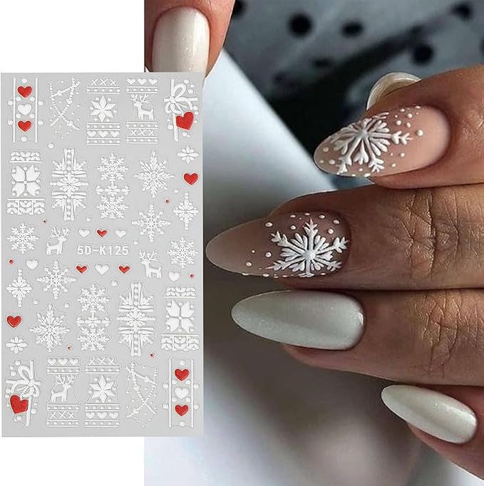 HNUIX Nail Stickers - Snowflake 5D, Self Adhesive Nail Decals, Multi Pattern, 4 Sheets, for Nail Art