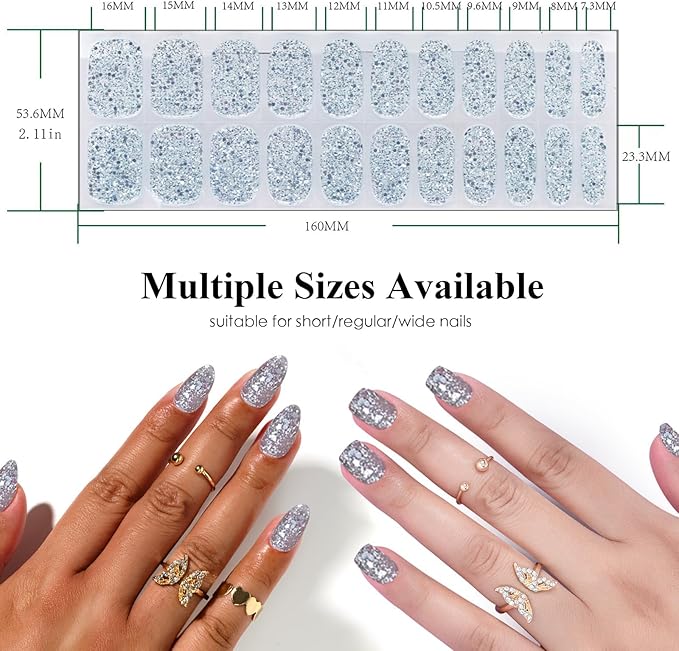 Semi Cured Gel Nail Strips Glitter Manicure Stickers Salon Quality Long-Lasting Wraps Work with Any Nail Light